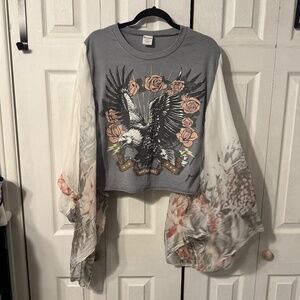 Rock & Roll Eagle Upcycled Graphic Tee & Sheer Flowy Flower Sleeves - OSFM